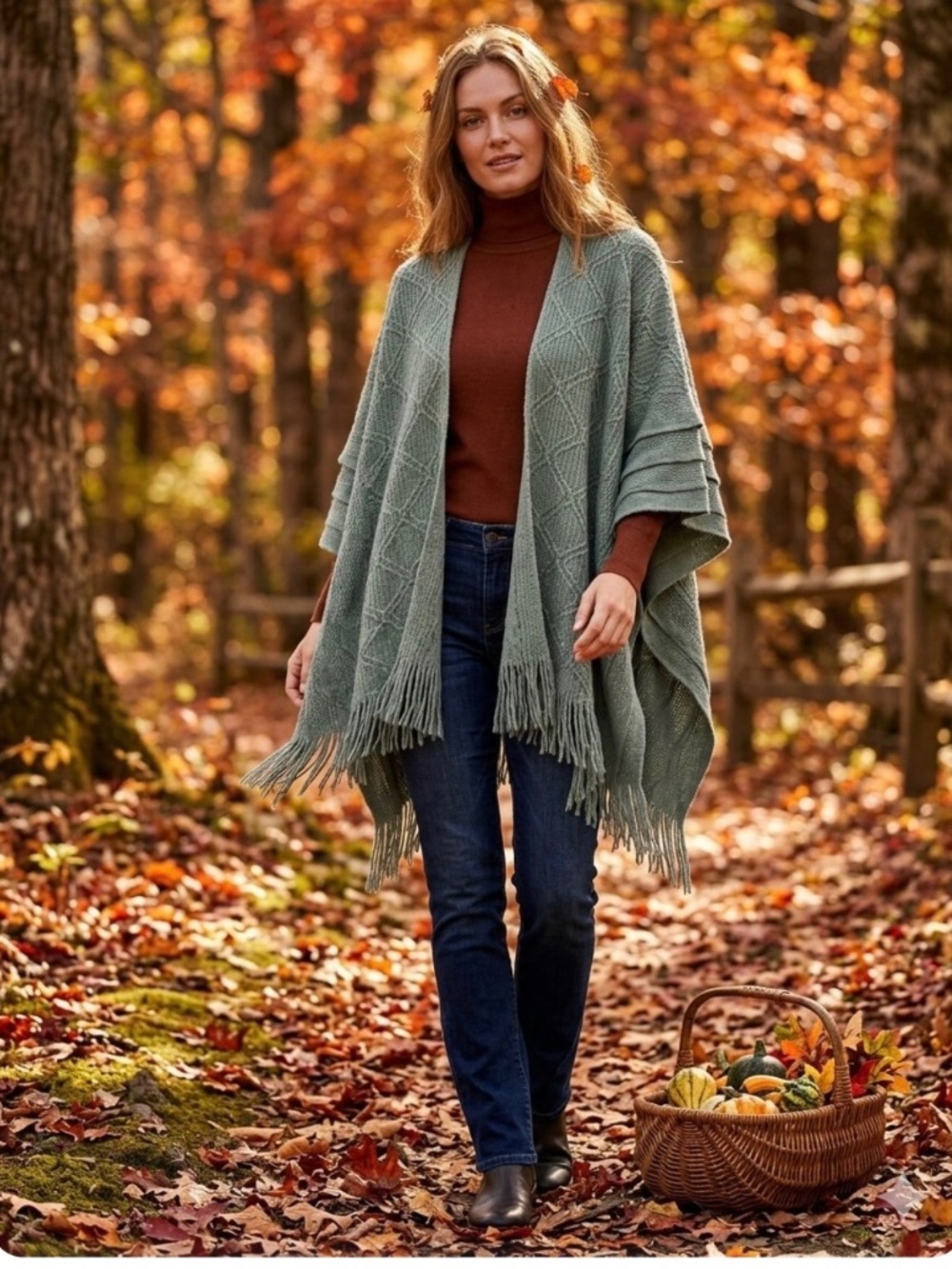 Mia & Tess Sage Green Open Front Fringe Poncho Wrap OS Fairycore Boho Whimsigoth